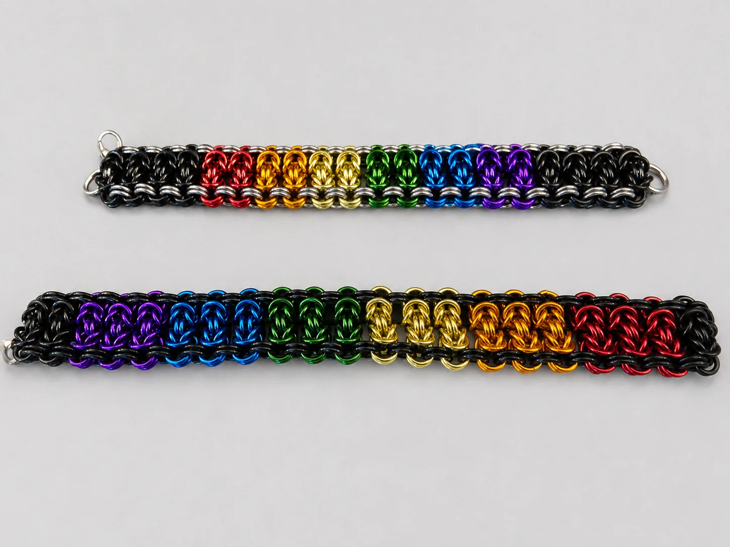 Two Byzantine bracelets in rainbow color layouts