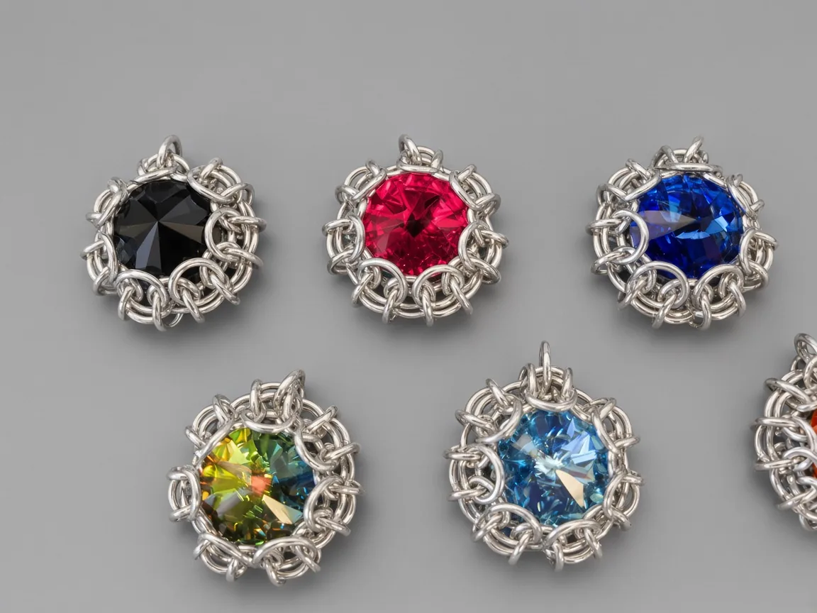 Five colorful crystal pendants in stainless steel chainmaille settings