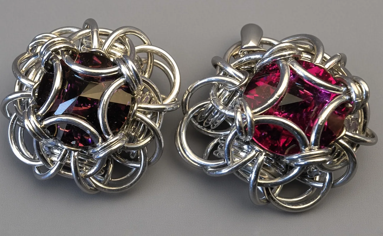 Close view of two deep pink crystal pendant settings