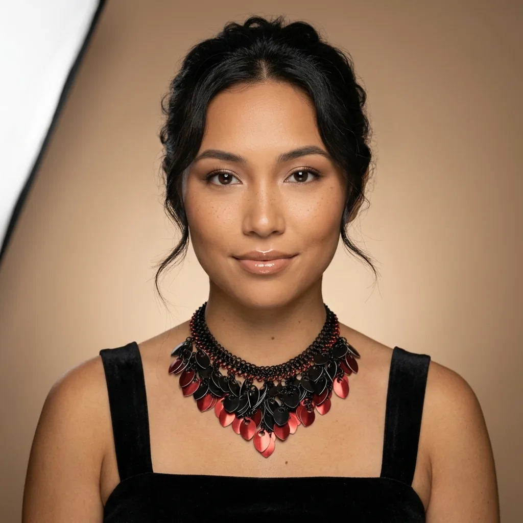 Elemental Leaves necklace in black and red on a studio model
