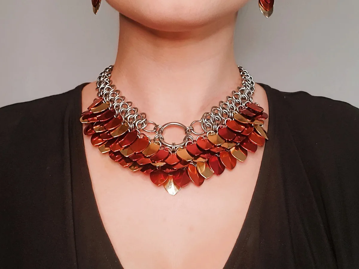 Goddess necklace in metallic red and gold scales