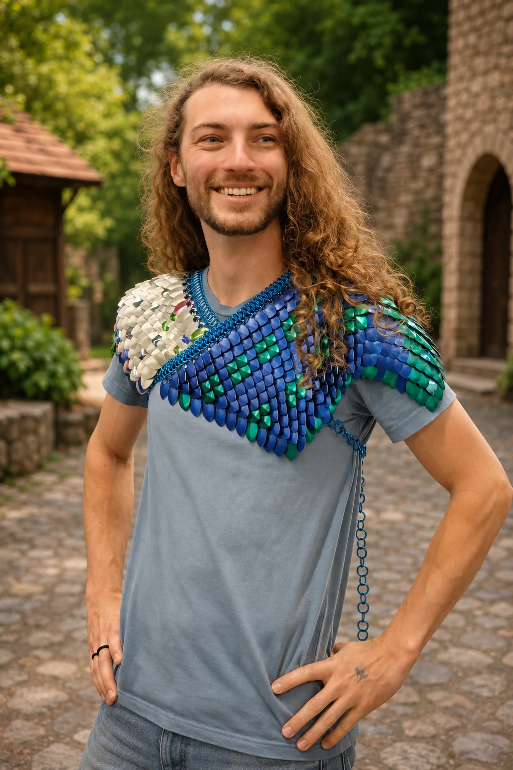 Model wearing a blue, green, and white scale shoulder drape