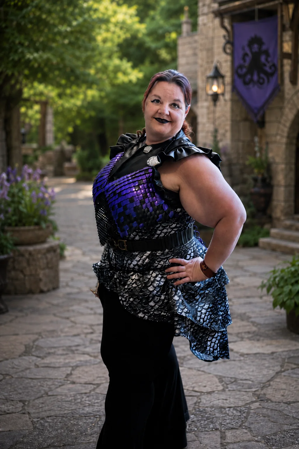 Model wearing a purple and black layered scale top