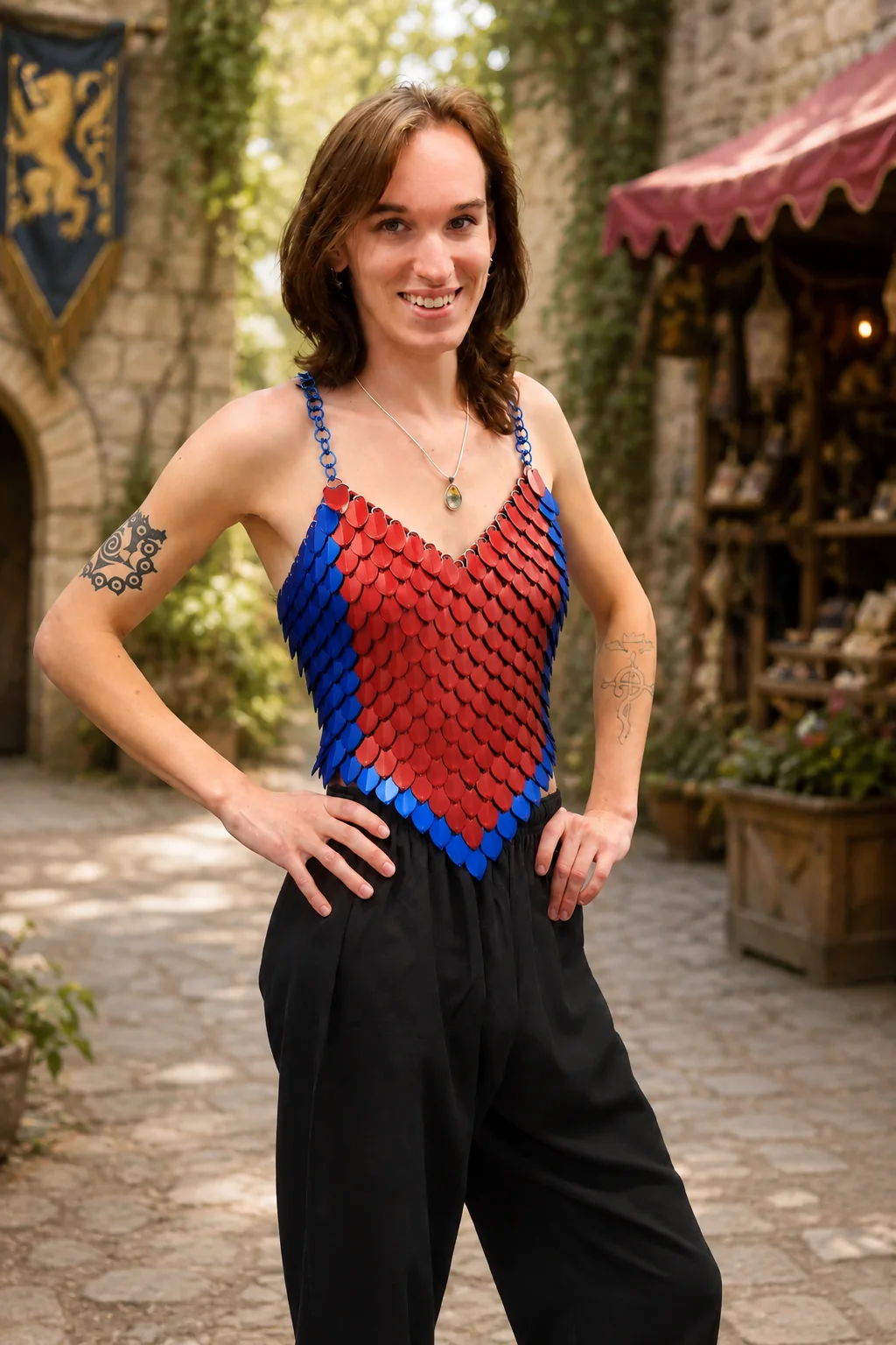 Model wearing a red and blue scale top