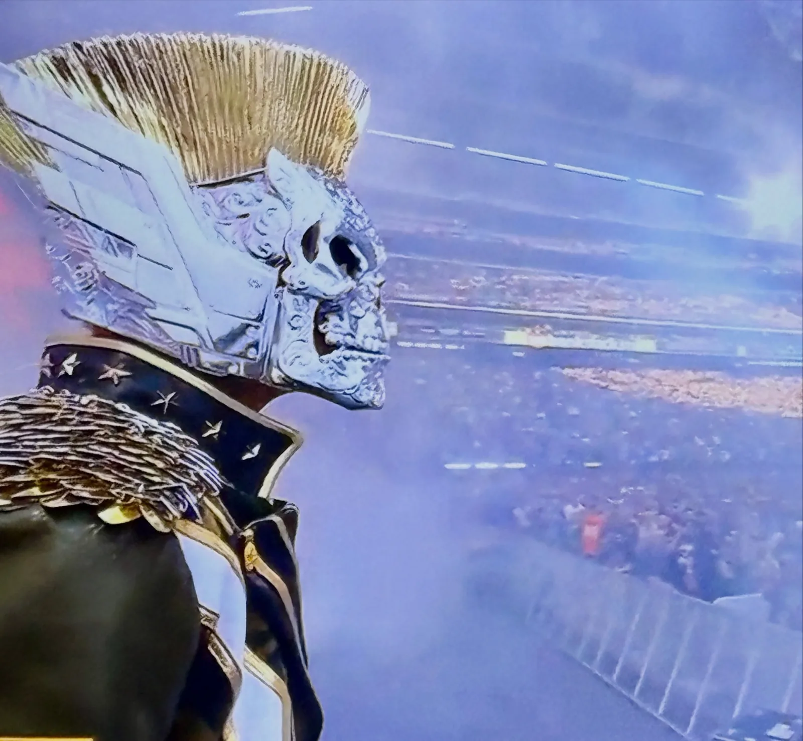 Side view of Cody Rhodes entrance coat showing scale shoulder detailing